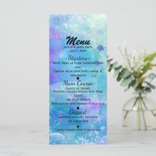 Waterverf zeemeermin staart verjaardagsfeestje op  menu (Staand voorkant)