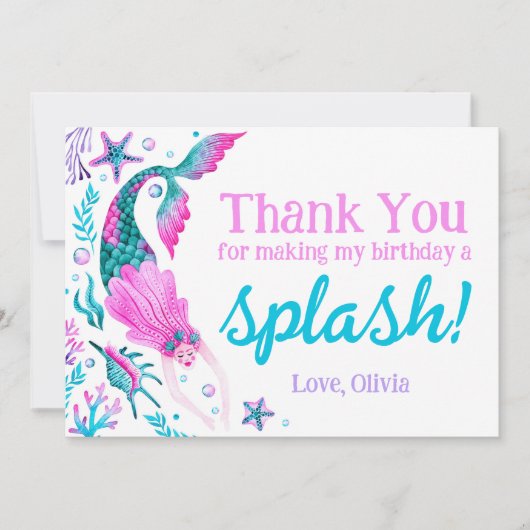 Waterverf Zeemeermin Verjaardag Dank u Bedankkaart (Voorkant)