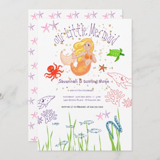 Waterverf Zeemeermin Verjaardag Kaart (Voorkant / Achterkant)