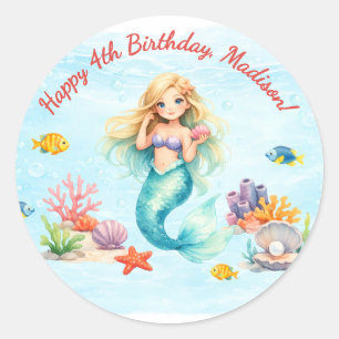 Waterverf Zeemeermin Verjaardag Ronde Sticker