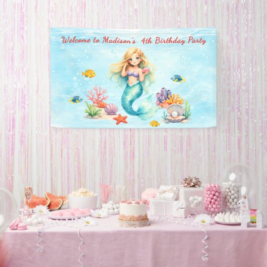 Waterverf Zeemeermin Verjaardag Spandoek (Feest)