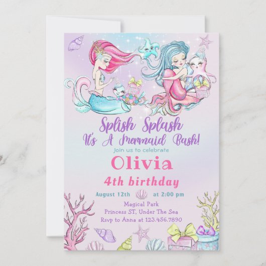Waterverf Zeemeermin Verjaardagsfeestuitnodiging Kaart (Voorkant)