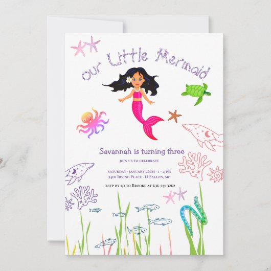 Waterverf Zeemeermin Verjaardagsuitnodiging Kaart (Voorkant)