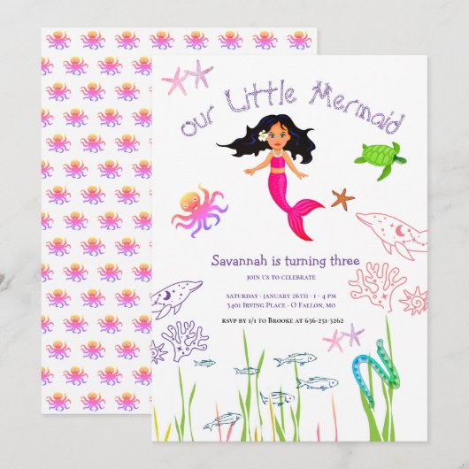 Waterverf Zeemeermin Verjaardagsuitnodiging Kaart (Voorkant / Achterkant)