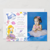 Waterverf Zeemeermin Verjaardagsuitnodiging met fo Kaart (Voorkant)