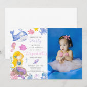 Waterverf Zeemeermin Verjaardagsuitnodiging met fo Kaart (Voorkant / Achterkant)