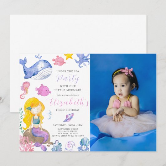 Waterverf Zeemeermin Verjaardagsuitnodiging met fo Kaart (Voorkant / Achterkant)