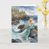 Waterverf Zeemeermin voor Verjaardag Kaart (Gele Bloem)