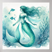 Waterverf Zeemeermin Wall Art Posters