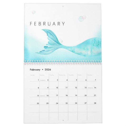 Waterverf Zeemeerminnelijke Kinderen en familie Kalender (Feb 2026)