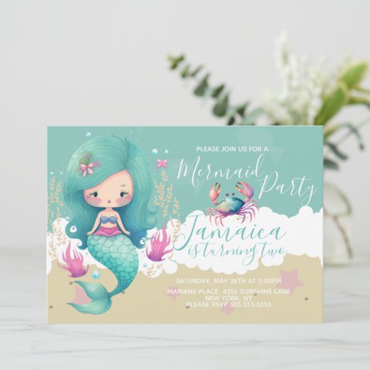 Waterverf Zeemeerminnelijke oceaan Beach Birthday  Kaart (Staand voorkant)