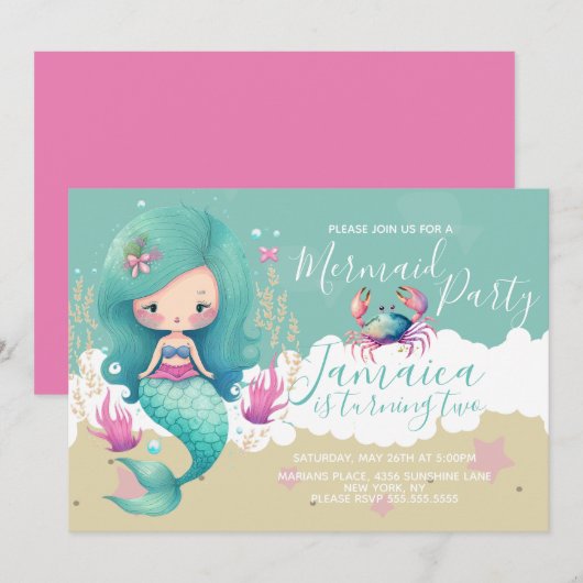 Waterverf Zeemeerminnelijke oceaan Beach Birthday Kaart (Voorkant / Achterkant)