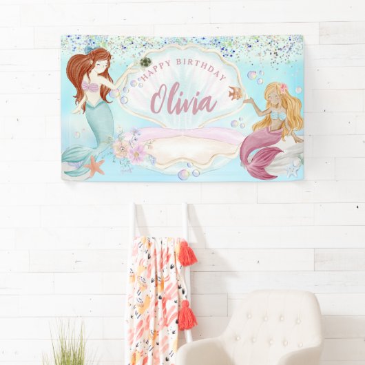 Waterverf Zeemeerminnen onder het Zee Glitter Verj Spandoek (Insitu)