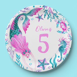 Waterverf zeemeerminnen, zeeschelpen + oceaanwezen papieren bordje