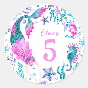 Waterverf zeemeerminnen, zeeschelpen + oceaanwezen ronde sticker