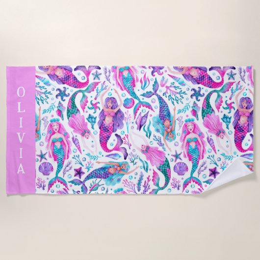 Waterverf Zeemeerminnen Zeeschelpen + Zeesterren Strandlaken (Voorkant)