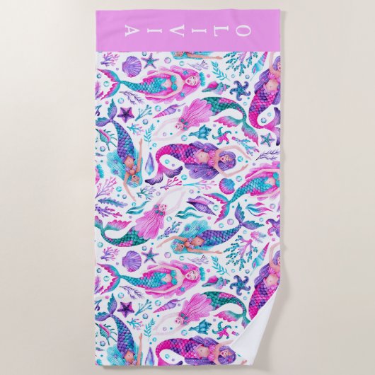 Waterverf Zeemeerminnen Zeeschelpen + Zeesterren Strandlaken (Voorkant)