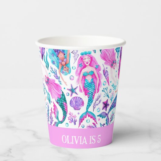 Waterverf Zeemeerminnen Zeeschelpen + Zeesterren V Papieren Bekers (Achterkant)