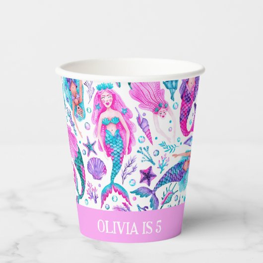 Waterverf Zeemeerminnen Zeeschelpen + Zeesterren V Papieren Bekers (Voorkant)