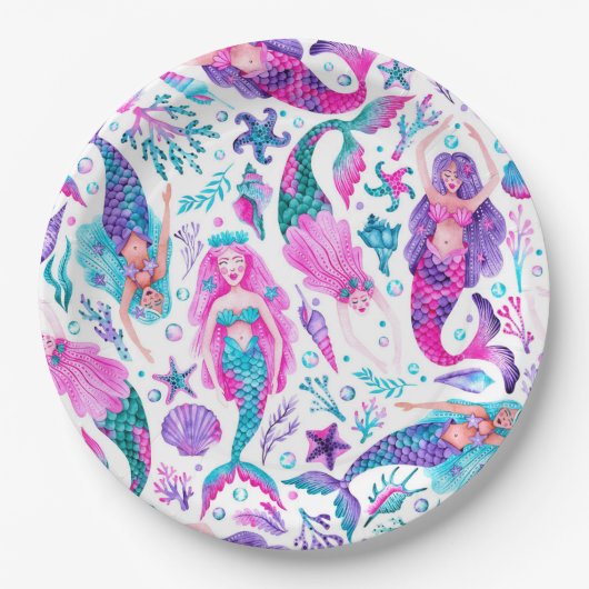 Waterverf Zeemeerminnen Zeeschelpen + Zeesterren V Papieren Bordje (Voorkant)