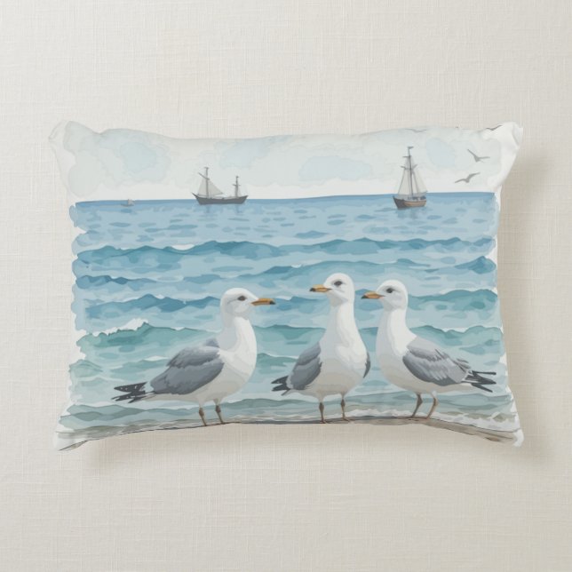 Waterverf zeemeeuwen aan het strand Kustoceaan Accent Kussen (Voorkant)