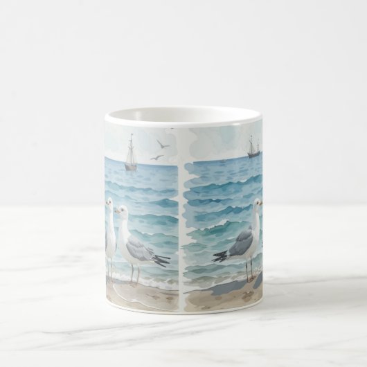 Waterverf zeemeeuwen aan het strand Kustoceaan Koffiemok (Center)