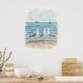 Waterverf zeemeeuwen aan het strand Kustoceaan Poster (Keuken)