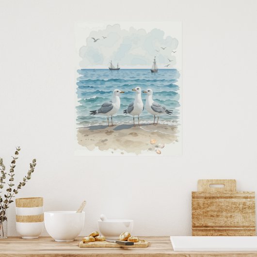 Waterverf zeemeeuwen aan het strand Kustoceaan Poster (Keuken)