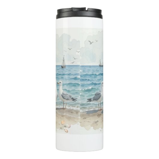 Waterverf zeemeeuwen aan het strand Kustoceaan Thermosbeker (Achterkant)