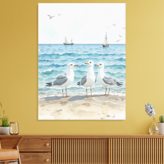 Waterverf Zeemeeuwen op het strand Coastal Custom Canvas Afdruk (Insitu (Woonkamer))