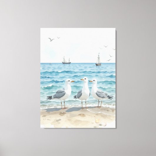 Waterverf Zeemeeuwen op het strand Coastal Custom Canvas Afdruk (Voorkant)