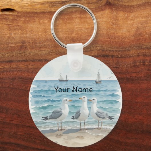 Waterverf Zeemeeuwen op het strand Coastal Custom Sleutelhanger (Achterkant)