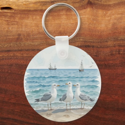 Waterverf Zeemeeuwen op het strand Coastal Custom Sleutelhanger (Voorkant)