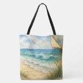 Waterverf Zeeoever en Zeilboot Tote Bag (Achterkant)