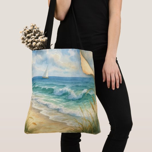 Waterverf Zeeoever en Zeilboot Tote Bag (Dichtbij)