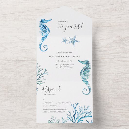 Waterverf zeepaardje 50ste bruiloft Jubileum All In One Uitnodiging (Binnen)