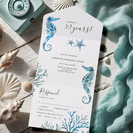 Waterverf zeepaardje 50ste bruiloft Jubileum All In One Uitnodiging