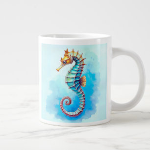 Waterverf zeepaardje op turquoise grote koffiekop
