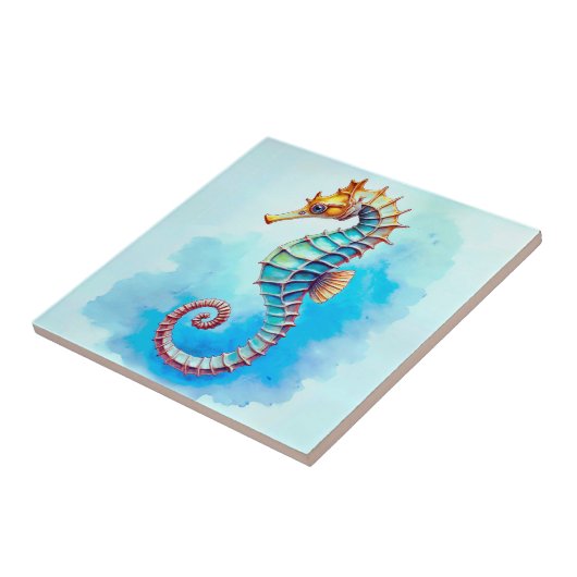 Waterverf zeepaardje op turquoise tegeltje (Zijkant)