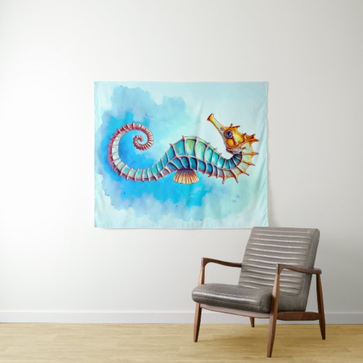 Waterverf zeepaardje op turquoise wandkleed (In Situ (horizontaal))