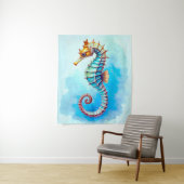 Waterverf zeepaardje op turquoise wandkleed (In situ)