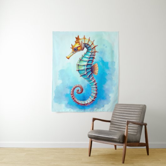 Waterverf zeepaardje op turquoise wandkleed (In situ)