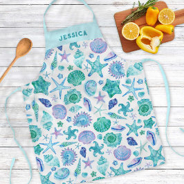 Waterverf Zeeschelpen en Zeesterren Kustpatroon Schort