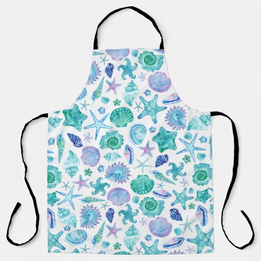 Waterverf Zeeschelpen en Zeesterren Kuststrand Schort (Voorkant)