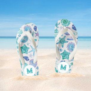 Waterverf Zeeschelpen en Zeesterren Monogram Kinder Teenslippers