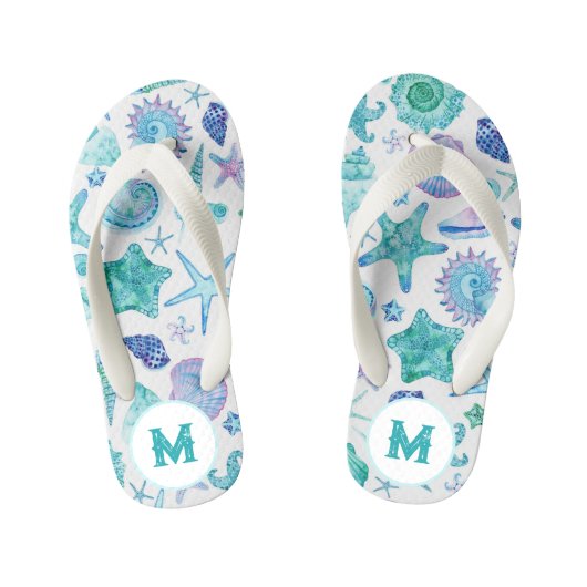 Waterverf Zeeschelpen en Zeesterren Monogram Kinder Teenslippers (Voetbed)