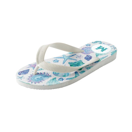 Waterverf Zeeschelpen en Zeesterren Monogram Kinder Teenslippers (Schuin)