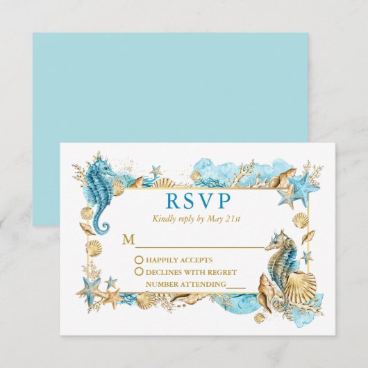 Waterverf Zeeschelpen Koraal Kustbruiloft Goud RSVP Kaartje (Voorkant / Achterkant)