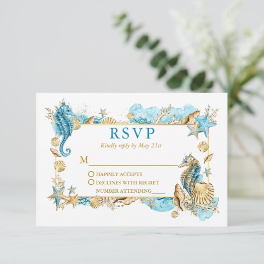 Waterverf Zeeschelpen Koraal Kustgouden bruiloft RSVP Kaartje (Staand voorkant)