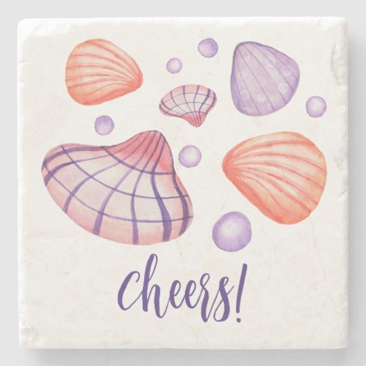 Waterverf zeeschelpen met tekst stenen Onderzetter (Voorkant)
